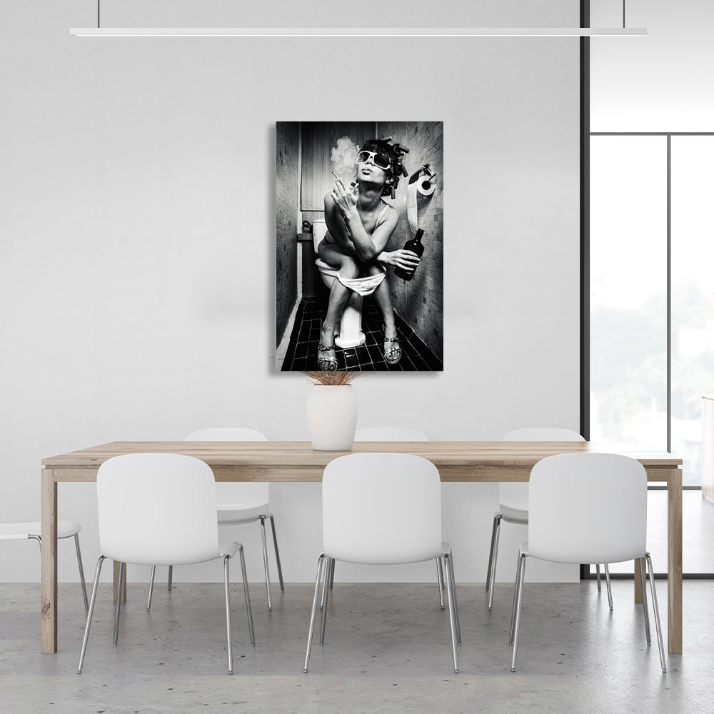 Girl in the restroom black and white canvas Wall Art Print