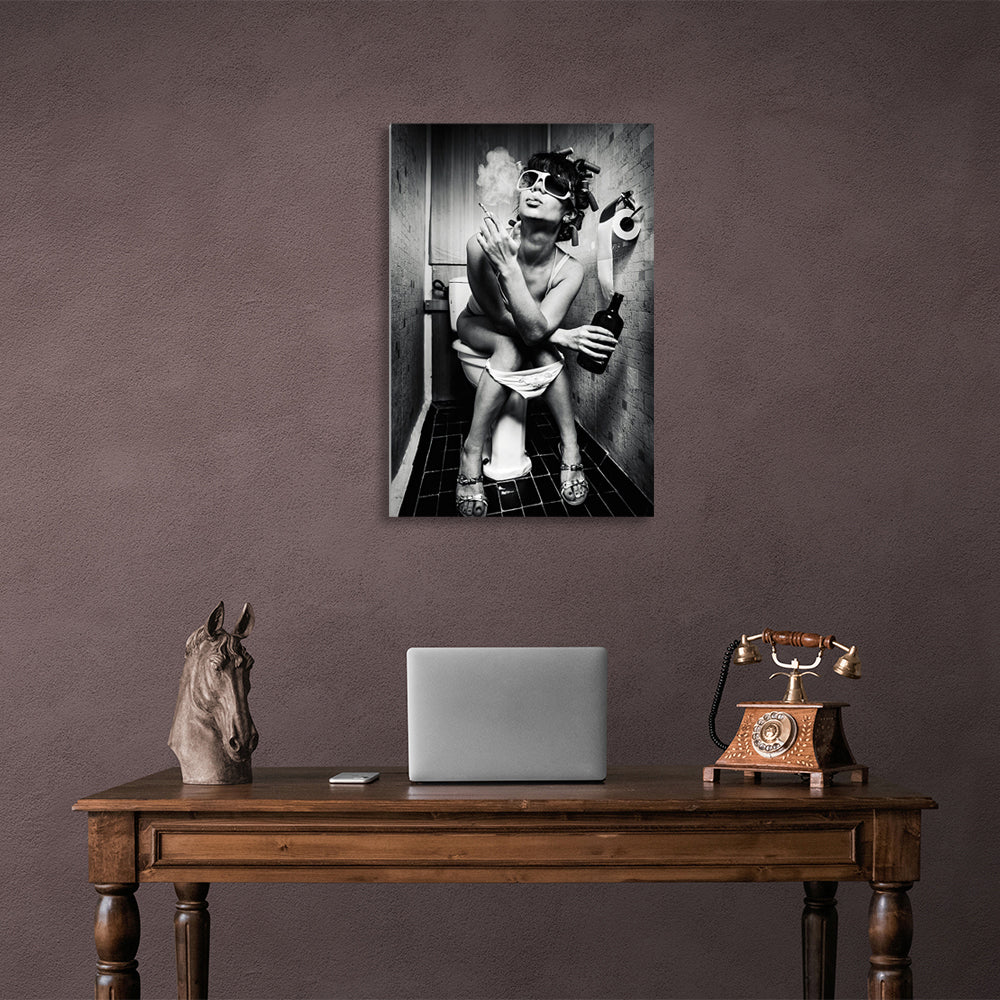 Girl in the restroom black and white canvas Wall Art Print