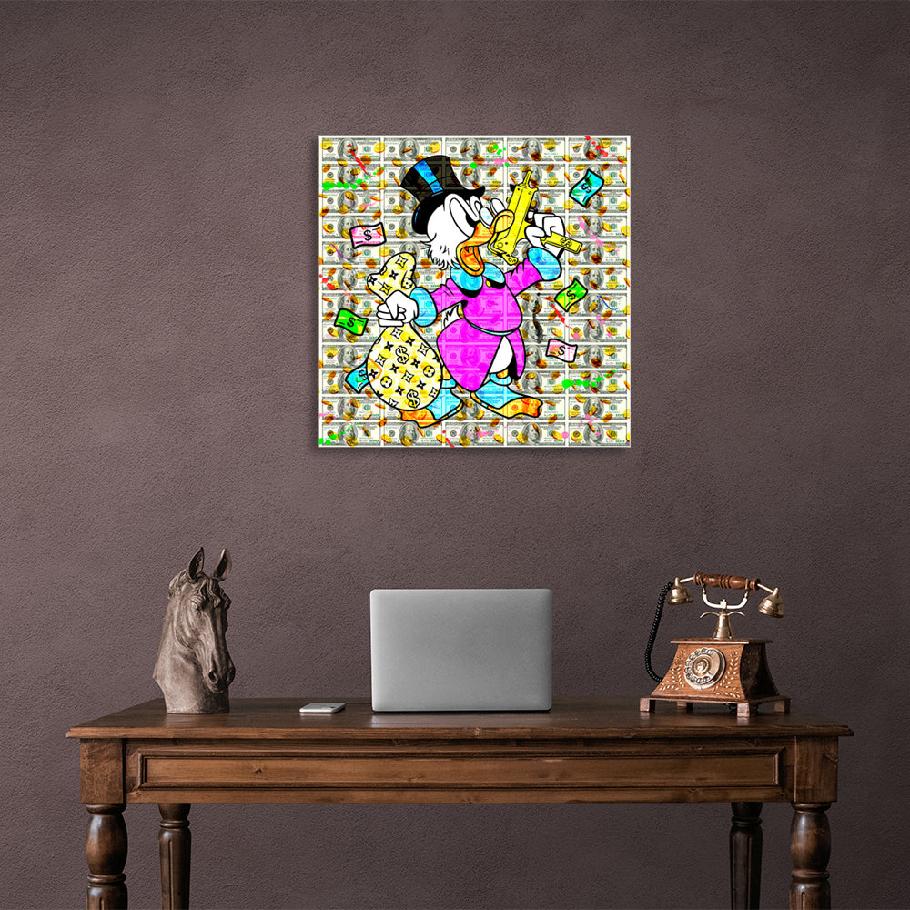 Dagobert Duck mit einem Sack voll Geld und einer Pistole – Inspirierender Kunstdruck auf Leinwand