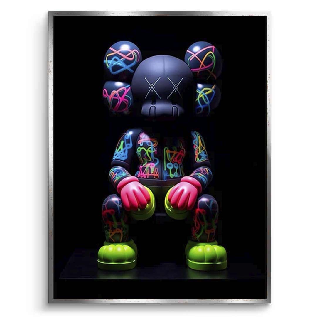 KAWS Neon Bearbrick Figure Canvas Wall Art - Bold Street Art Style Print for Modern Home Decor