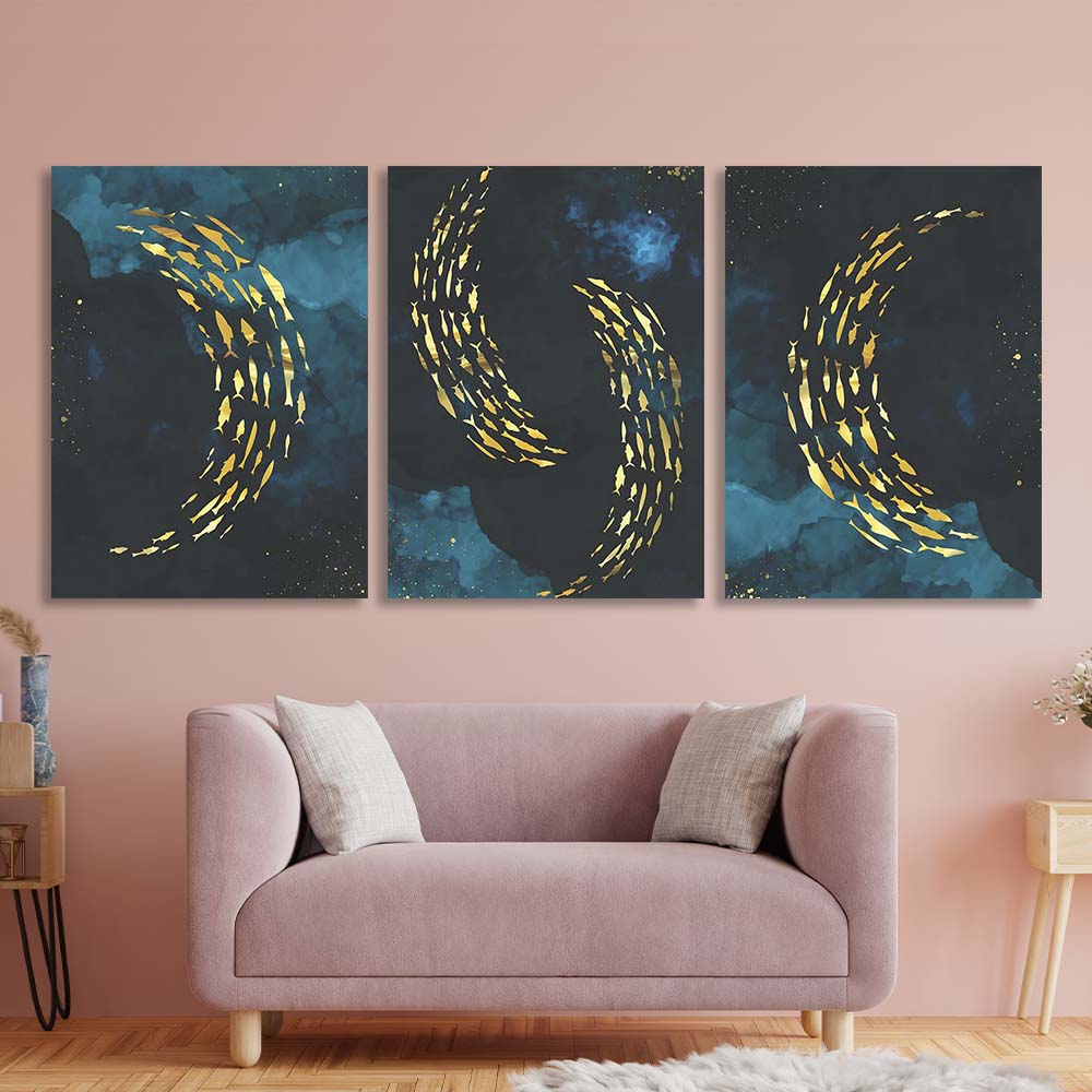Kunstdruck auf mehrteiliger Leinwand, goldener Fisch auf blauem Hintergrund