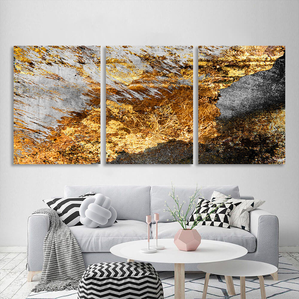 Abstrakter Grunge mit Gold, Schwarz und Weiß, mehrteiliger Leinwanddruck