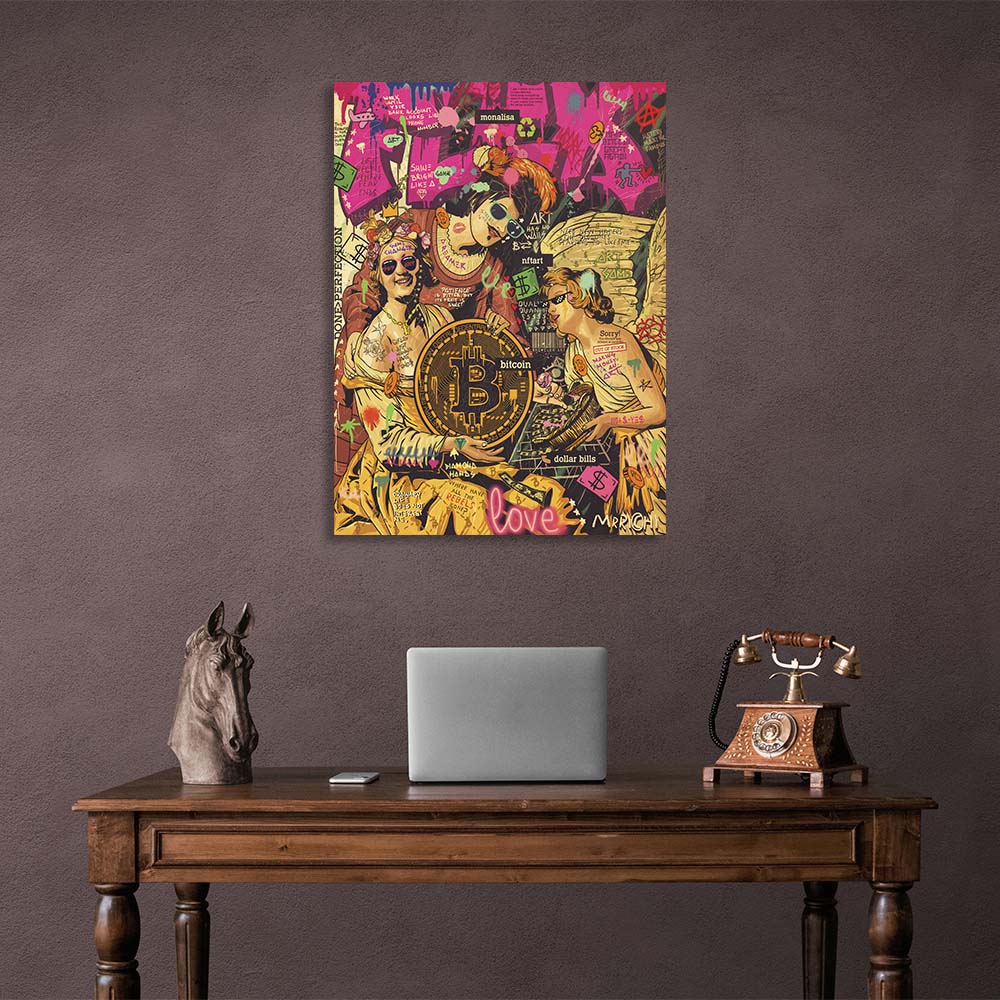 Pop-Art-Engel mit Bitcoin-Kunstdruck auf Leinwand