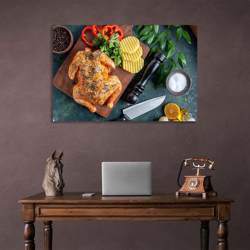 Leinwandbild, Wandbild für die Küche, gegrilltes Hähnchen mit Gemüse auf einem Brett, horizontal