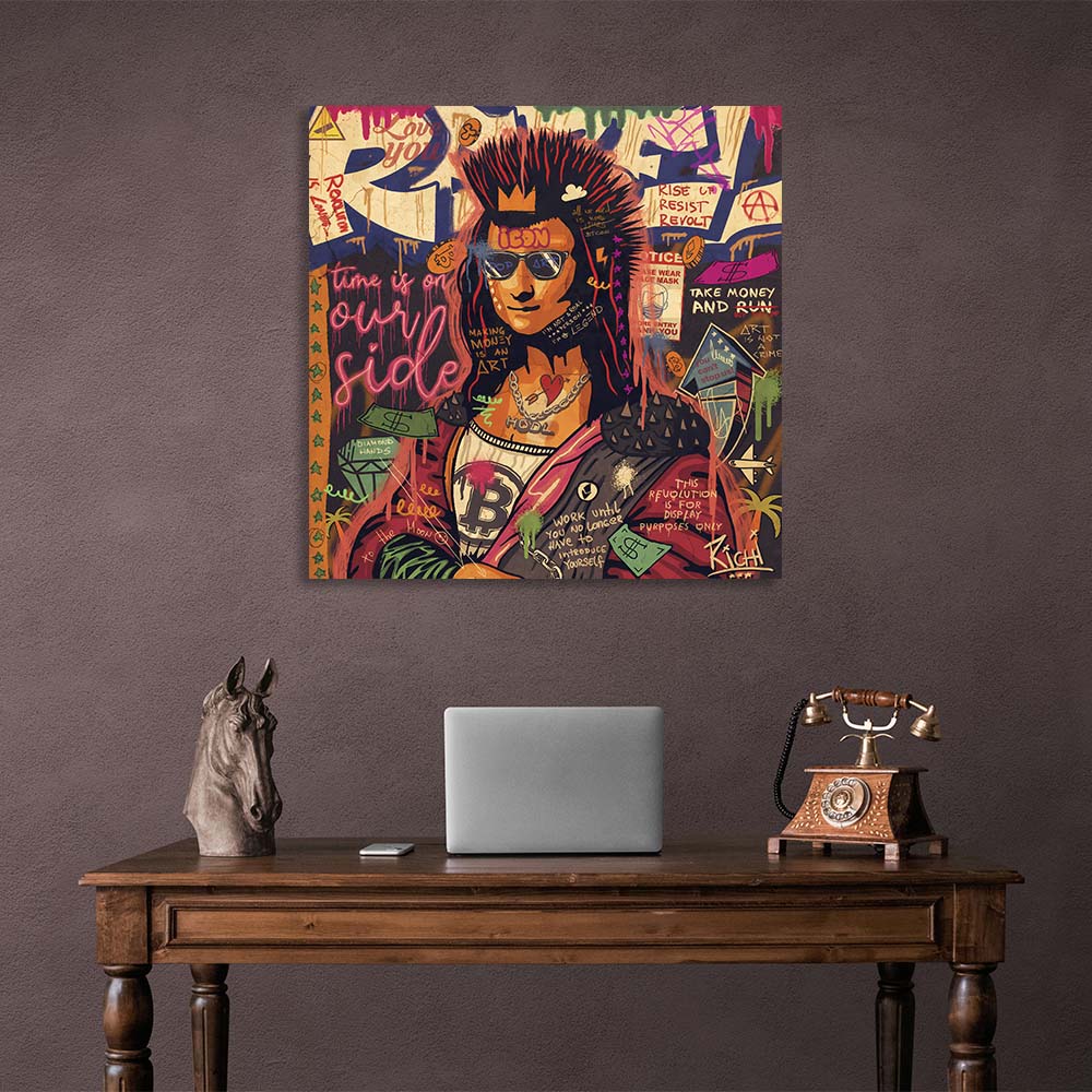 Pop-Art-Gioconda mit Irokesenschnitt und Bitcoin auf Leinwand, Kunstdruck