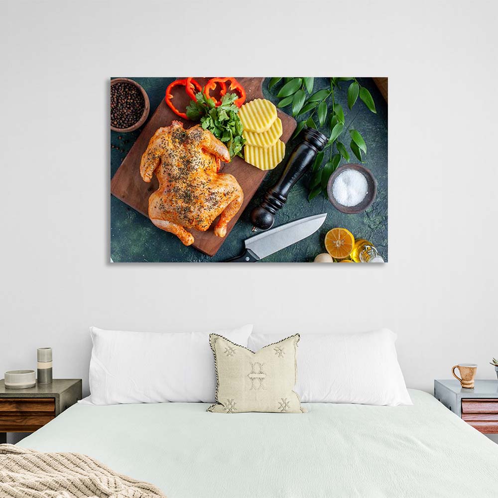 Leinwandbild, Wandbild für die Küche, gegrilltes Hähnchen mit Gemüse auf einem Brett, horizontal