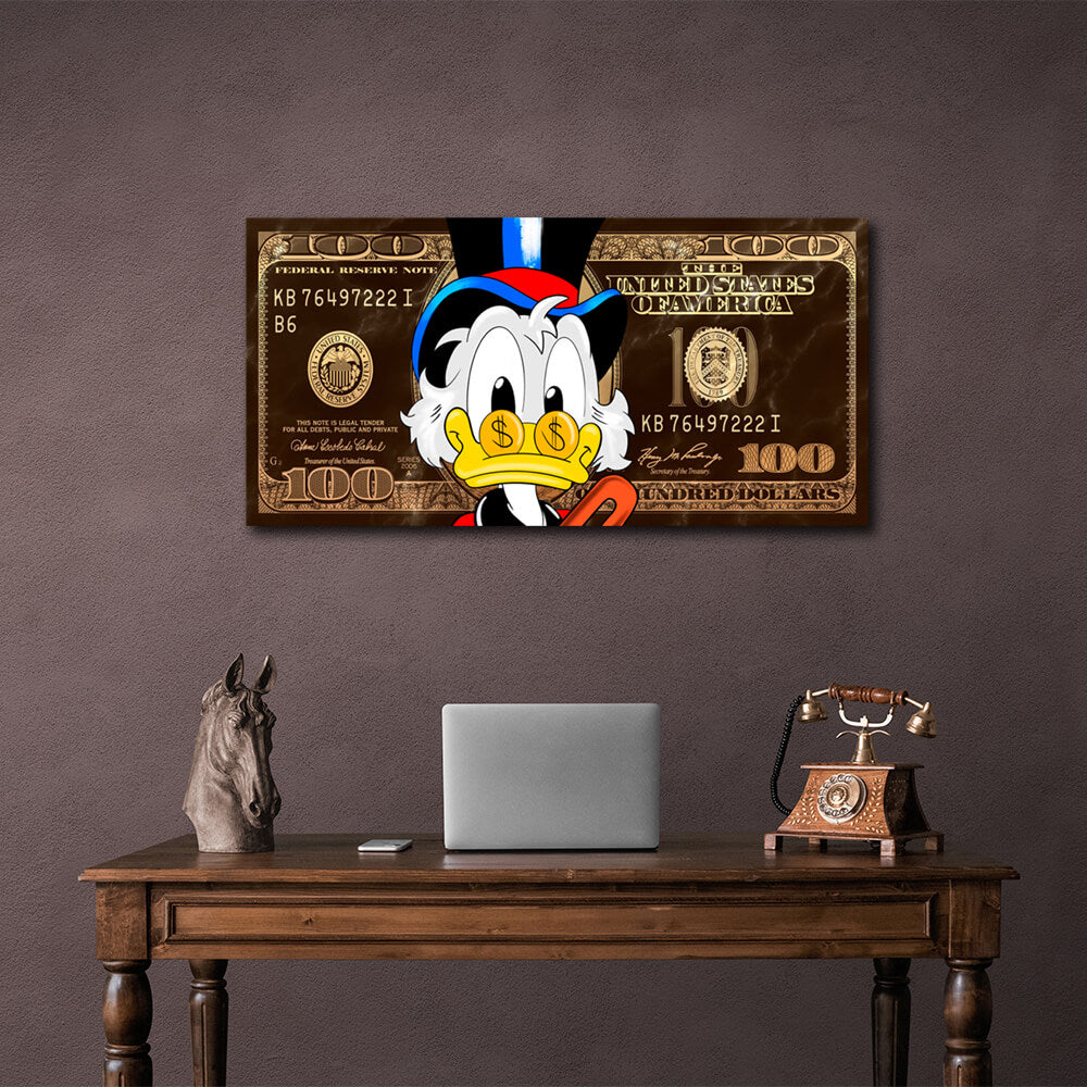 Scrooge 100 Dollar Gold und Braun Inspirierender Leinwand-Kunstdruck