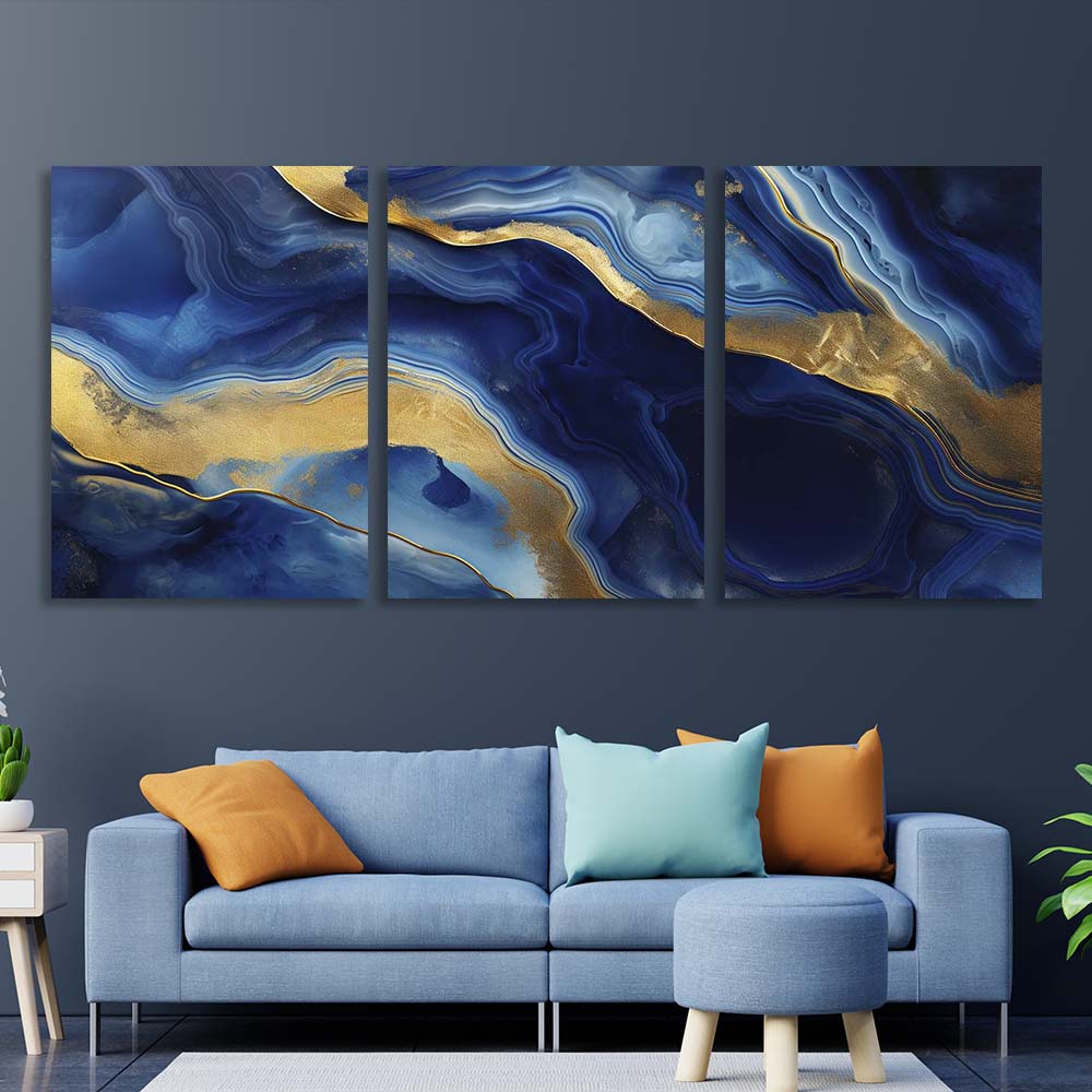 Multi Panel Canvas Wall Art Print Deep blue marble with gold