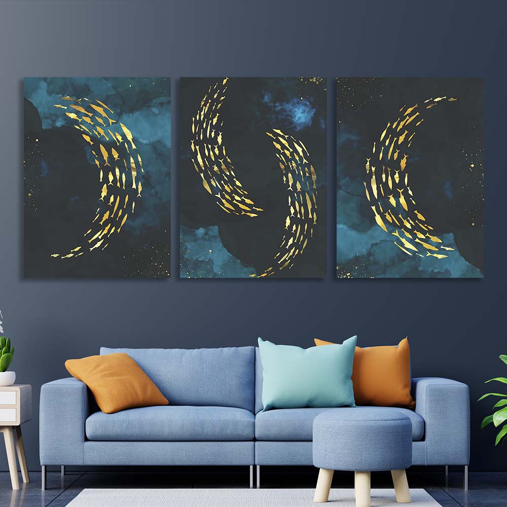Kunstdruck auf mehrteiliger Leinwand, goldener Fisch auf blauem Hintergrund