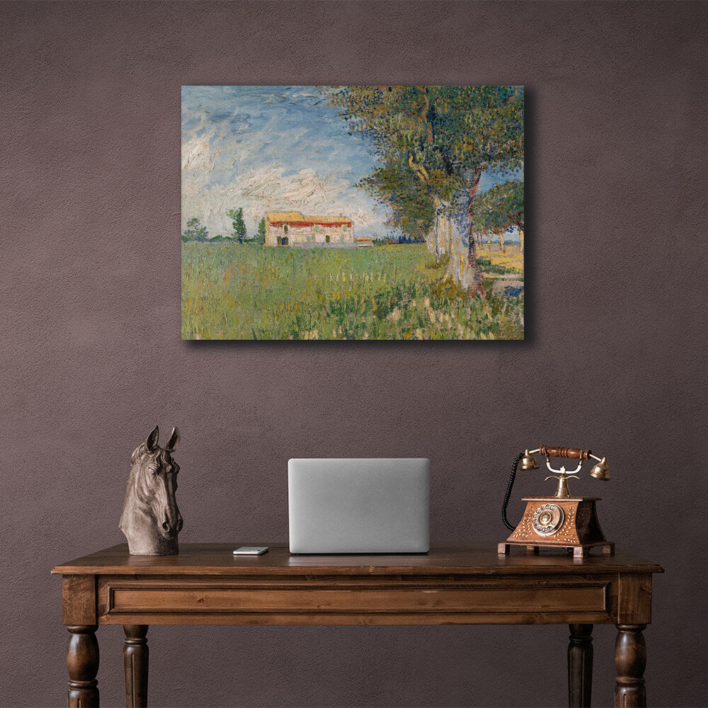 Reproduktion eines Bauernhofs in einem Weizenfeld, Reproduktion auf Leinwand, Kunstdruck