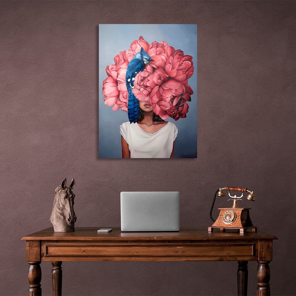 Kunstdruck auf Leinwand „Frau mit Blumen und Vogel, blau und rosa“