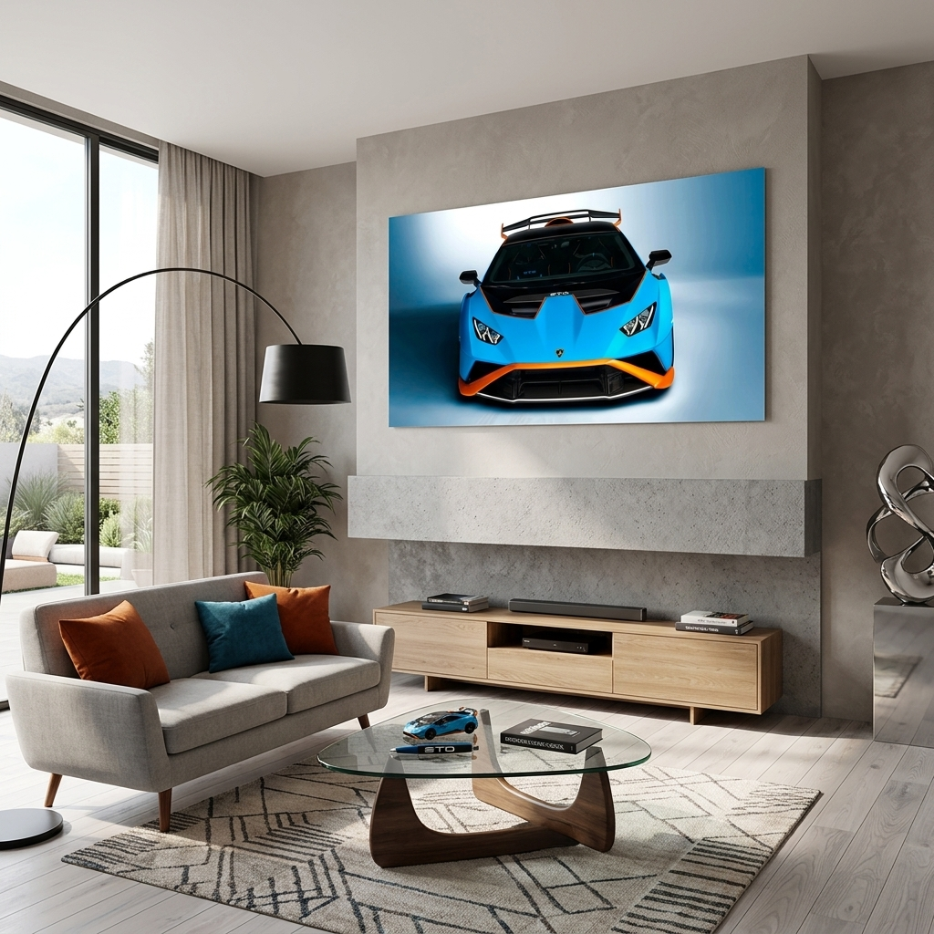 Auto Lamborghini Huracan STO blau mit orangefarbenem Leinwand-Kunstdruck