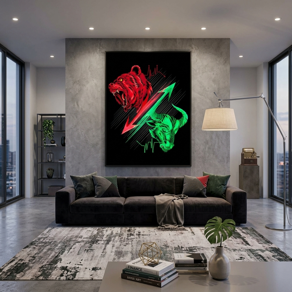 Bulle und Bär, Bitcoin-Kryptowährung und Handel, inspirierender Kunstdruck auf Leinwand