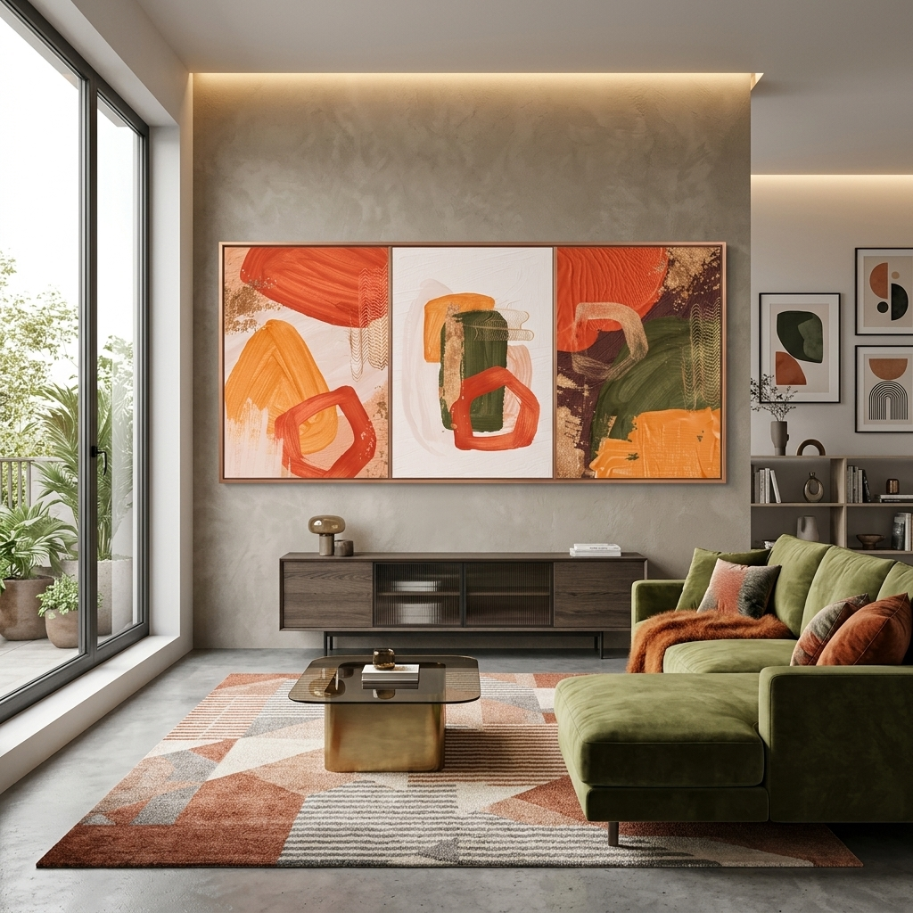Modularer gelb-orangefarbener abstrakter Kunstdruck mit grünen Elementen, mehrere Teile auf Leinwand