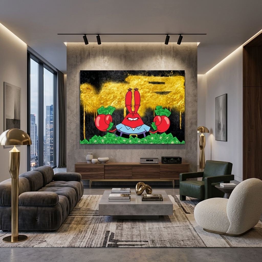 Mr. Krabs in a pile of money on a black and gold background Inspirational Canvas Wall Art Print