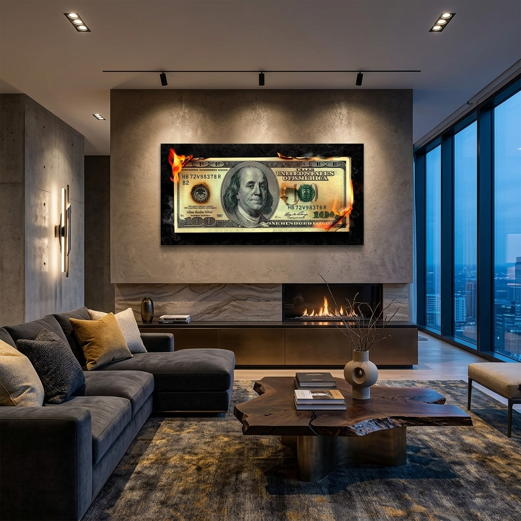 Brennendes Geld 100 Dollar inspirierender Kunstdruck auf Leinwand