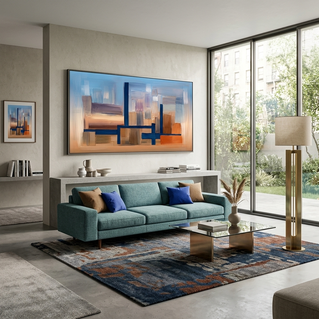 Mit einer ausgeprägten blauen Farbe vor einem Hintergrund aus Blau und Orange Abstraktion Leinwand Wand Kunstdruck