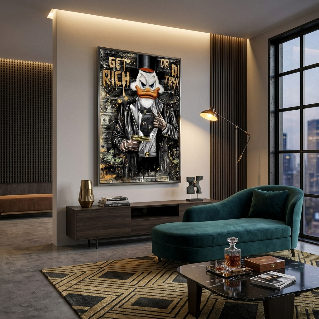 Dagobert Duck mit Pistole in gepanzerter Weste, inspirierender Kunstdruck auf Leinwand