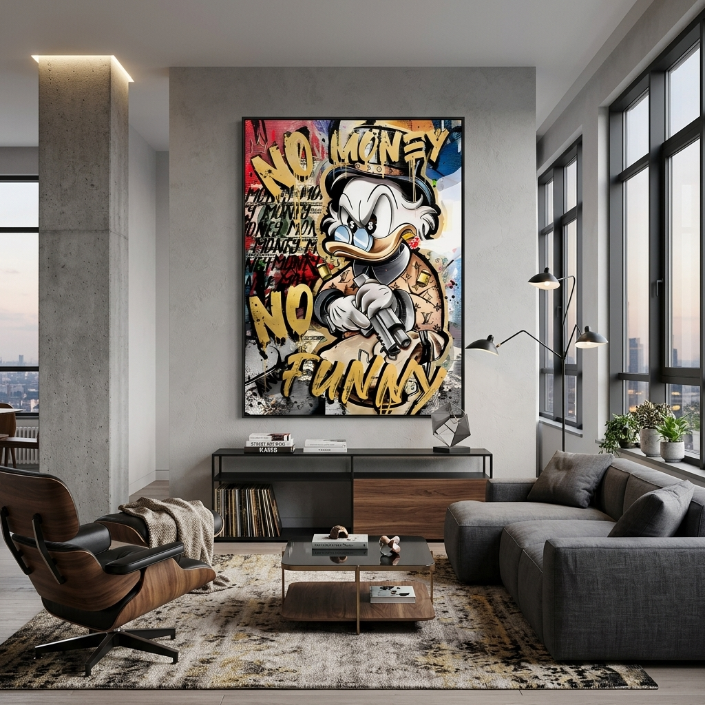Scrooge imitiert eine Graffiti-Zeichnung. Inspirierender Kunstdruck auf Leinwand.