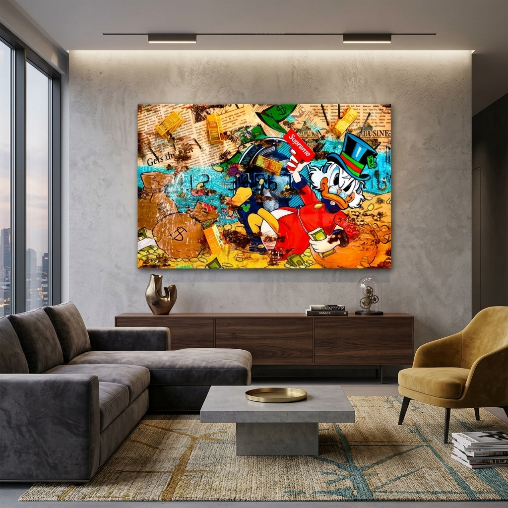 Dagobert Duck und seine SUPER-Waffe im Goldtresor, inspirierender Kunstdruck auf Leinwand