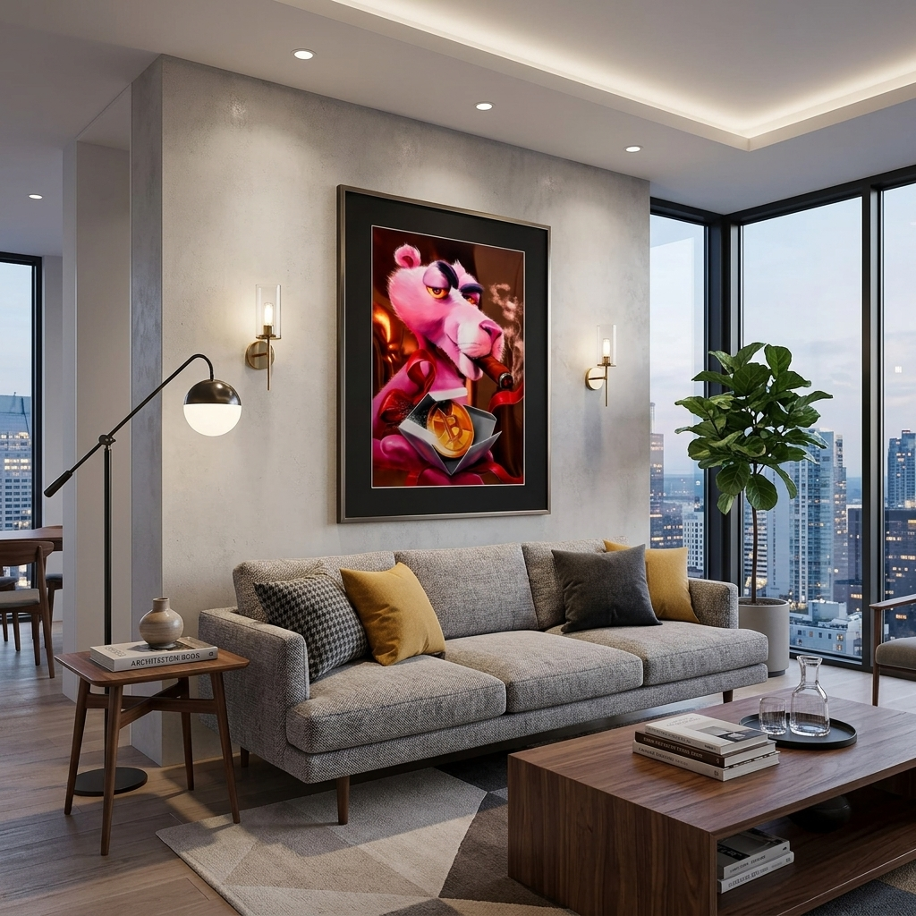 Inspirierender Leinwanddruck „Pink Panther und Bitcoin“