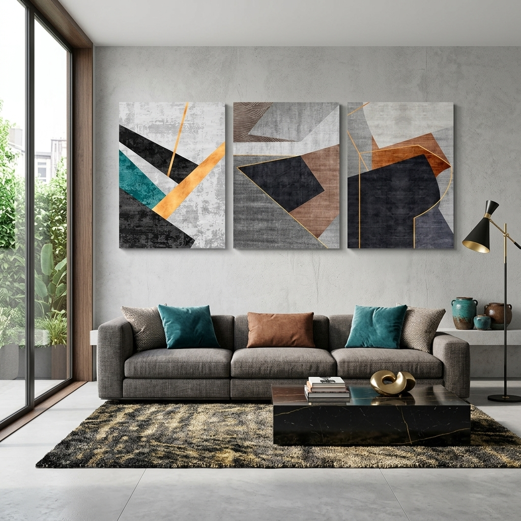 Modularer grau-schwarzer abstrakter Kunstdruck mit verschiedenen Farben, mehrteilig, auf Leinwand