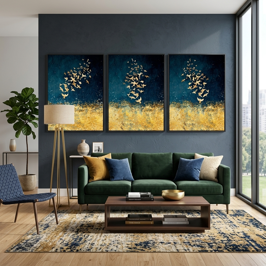 Modulare Abstraktion in Gold- und Blautönen, mehrteiliger Kunstdruck auf Leinwand