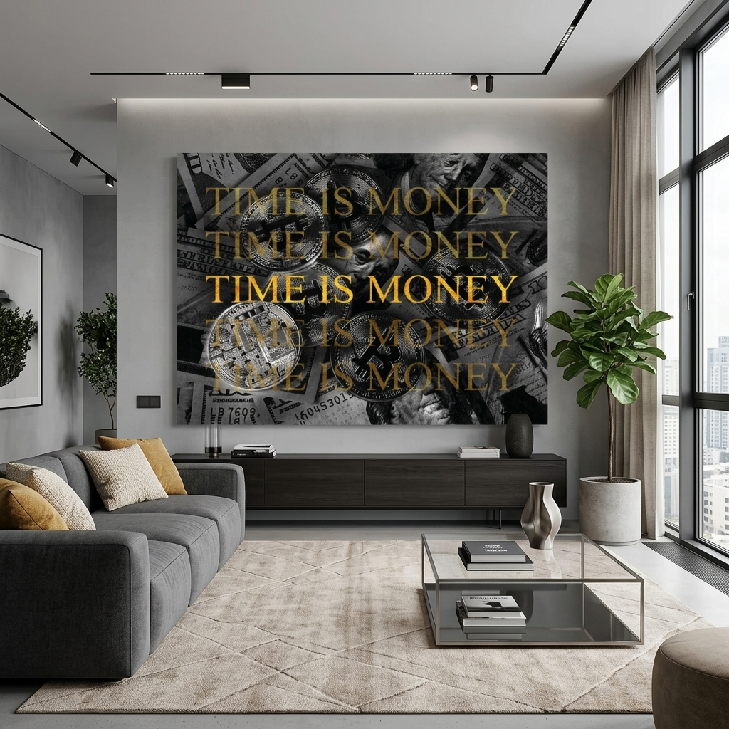 Dollars and bitcoin time money on a gray background Inspirational Canvas Wall Art Print