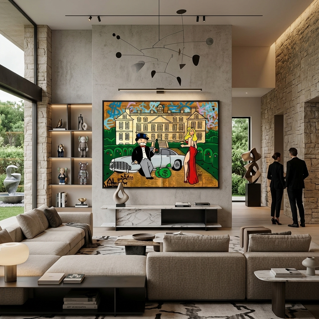 Das Mädchen und Alec Monopoly im Hintergrund des Autos und des Hauses Leinwandbild