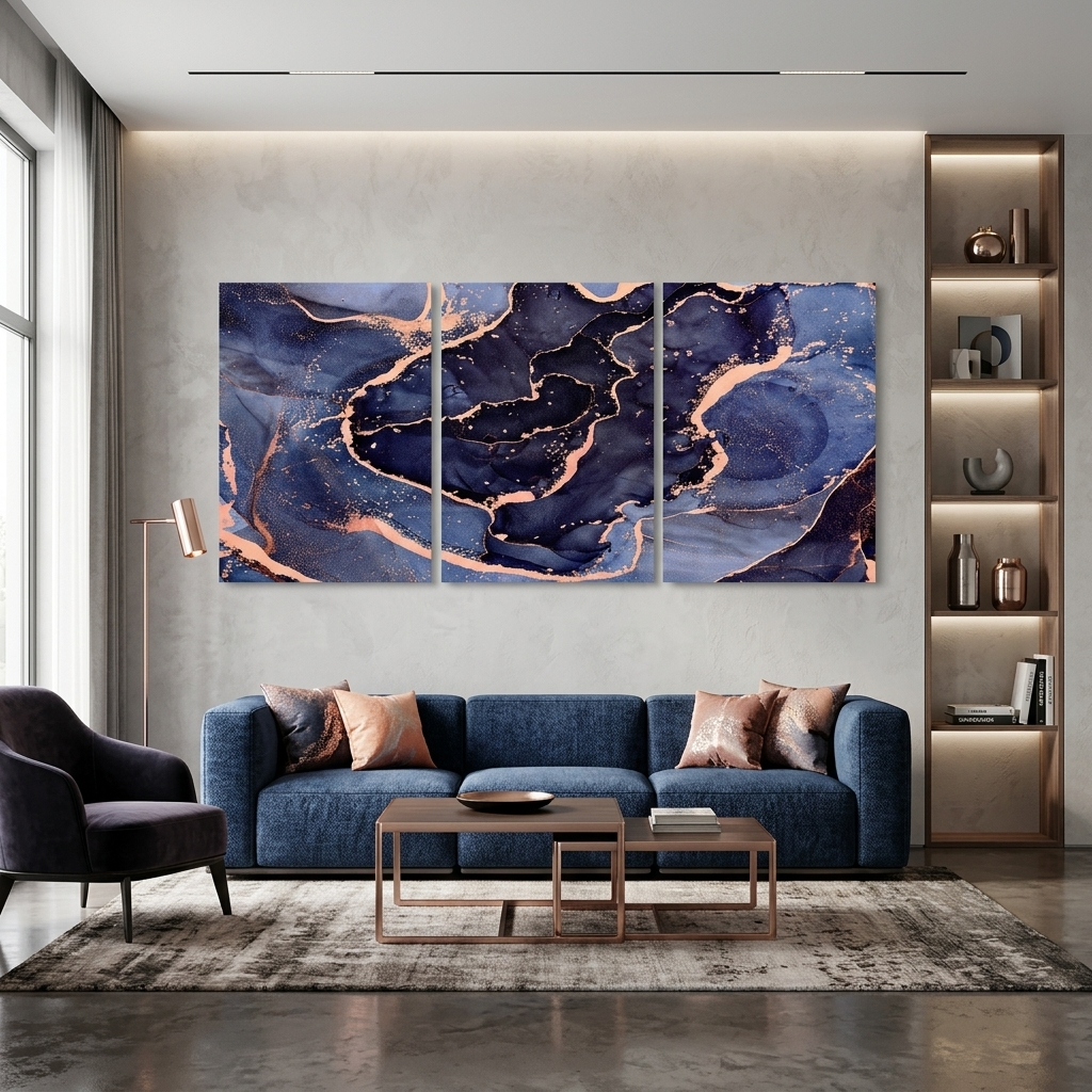 Modularer abstrakter Kunstdruck auf mehrteiliger Leinwand in Blau- und Lilatönen