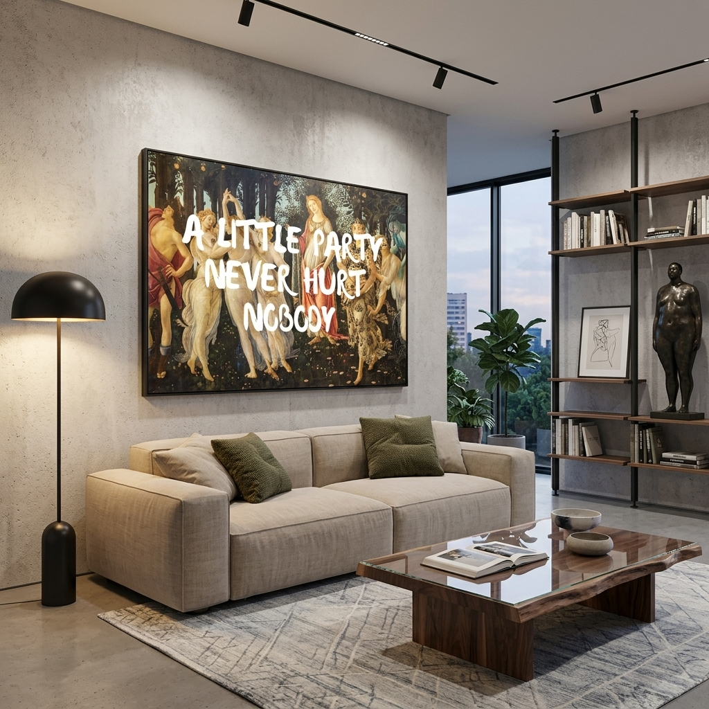 Kunstdruck auf Leinwand, „Eine kleine Party hat noch nie jemandem geschadet“.