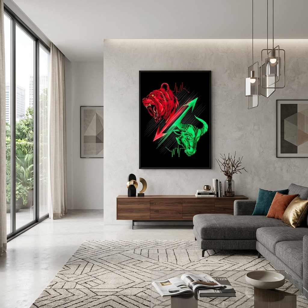 Bulle und Bär, Bitcoin-Kryptowährung und Handel, inspirierender Kunstdruck auf Leinwand