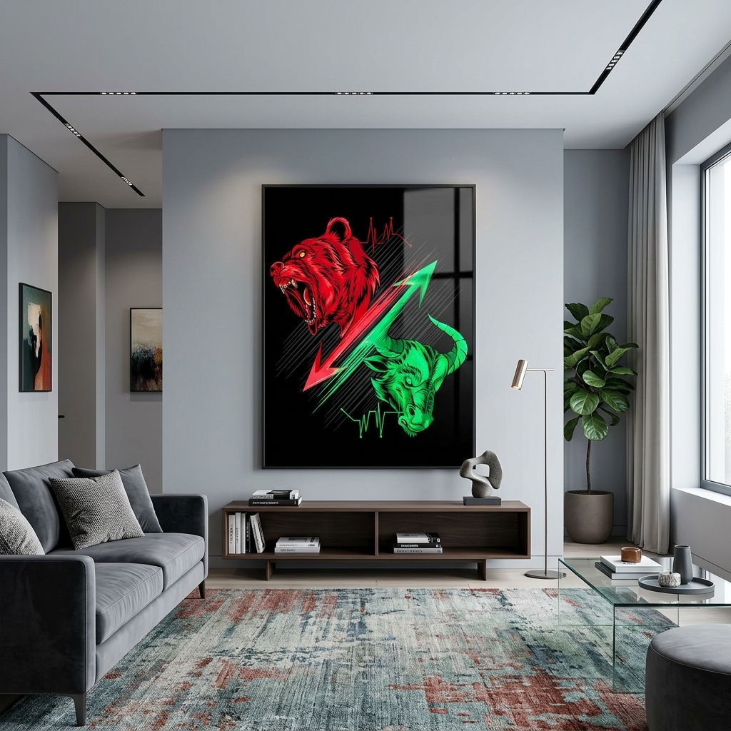Bulle und Bär, Bitcoin-Kryptowährung und Handel, inspirierender Kunstdruck auf Leinwand