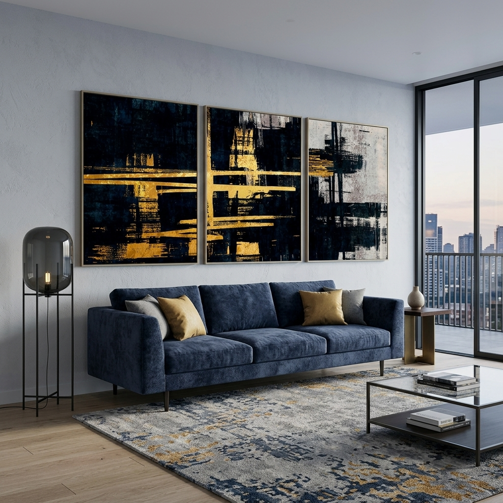 Modularer Kunstdruck auf Leinwand, abstrakt in Gold und Blau mit Grautönen, mehrere Teile