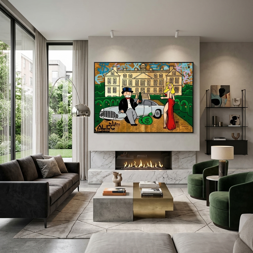 Das Mädchen und Alec Monopoly im Hintergrund des Autos und des Hauses Leinwandbild
