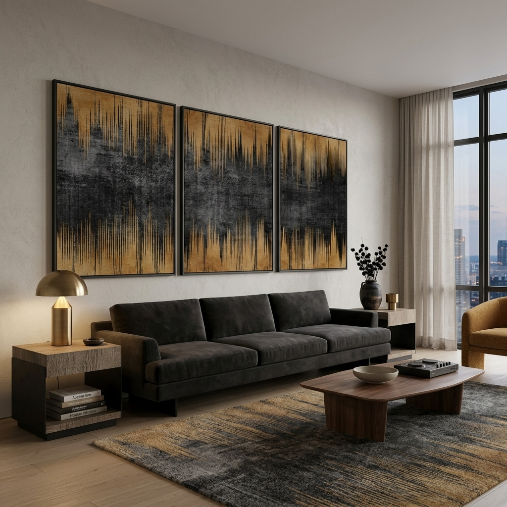 Modularer abstrakter Kunstdruck auf Leinwand, mehrteilig, Gold und Schwarz