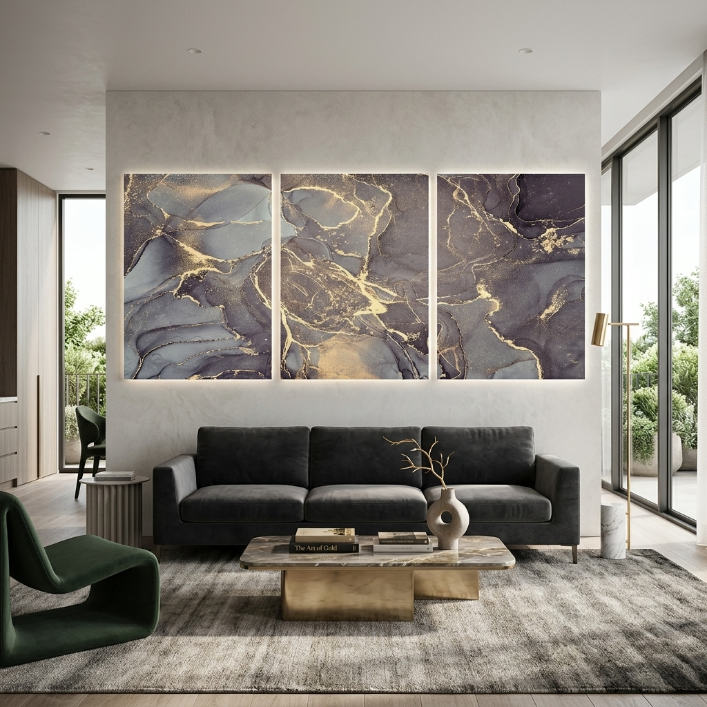 Modularer, grauer, abstrakter Kunstdruck mit goldenen Elementen, mehrere Teile auf Leinwand