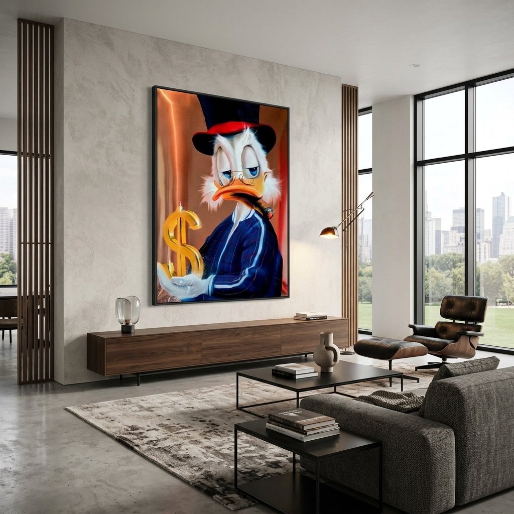 Scrooge im Trainingsanzug mit einem Dollar Inspirierender Kunstdruck auf Leinwand