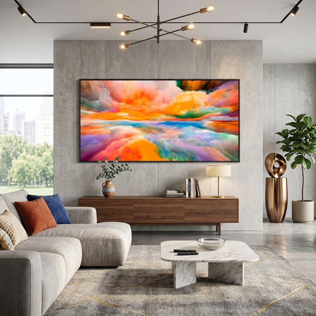Regenbogen-Abstraktion mit einer zentralen orangefarbenen Farbe Abstraktion Leinwand Wand Kunstdruck