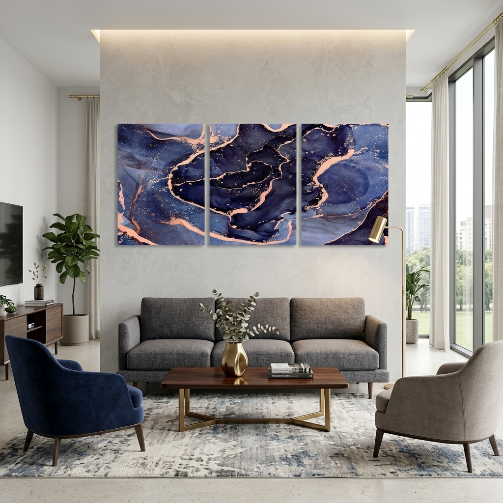 Modularer abstrakter Kunstdruck auf mehrteiliger Leinwand in Blau- und Lilatönen