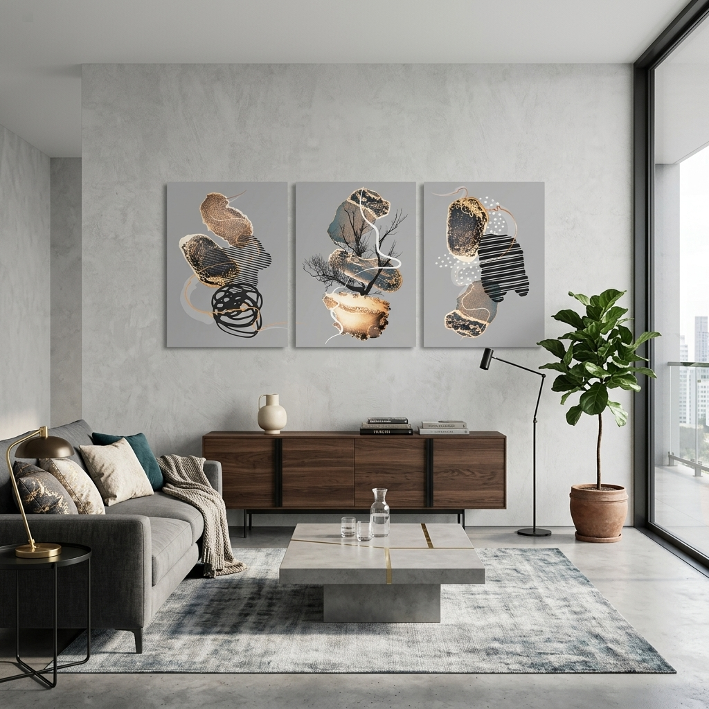 Modularer, mehrteiliger Kunstdruck auf Leinwand, abstrakt in Schwarz und Gold auf grauem Hintergrund
