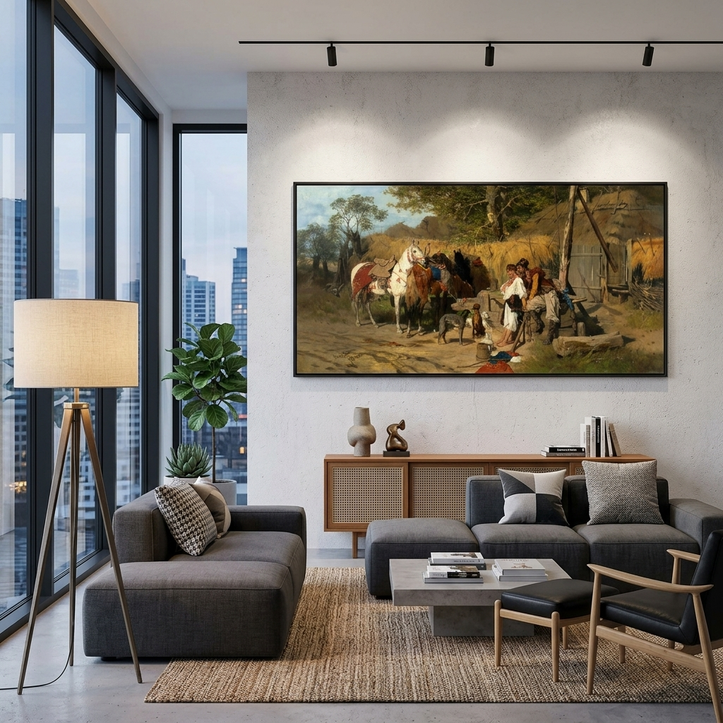 Reproduktion von Jozef Brant Kozak und das Mädchen, Reproduktion auf Leinwand, Kunstdruck