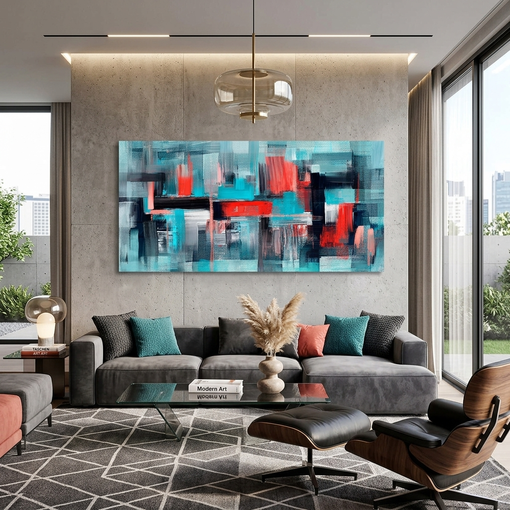 Türkis abstrakt mit roten und schwarzen Details Abstraktion Leinwand Wand Kunstdruck