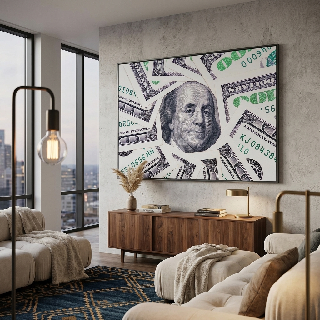 12 100-Dollar-Scheine, mit einem Bild von Franklin in der Mitte. Inspirierender Kunstdruck auf Leinwand