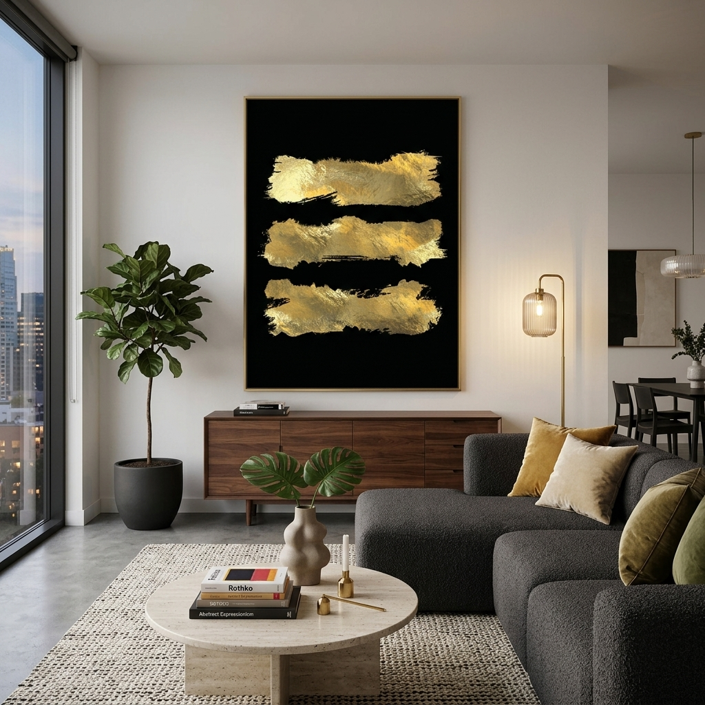 Kunstdruck auf Leinwand mit drei goldenen Linien auf schwarzem Hintergrund