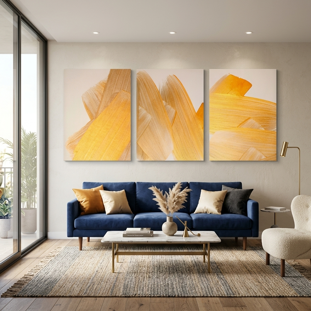 Modularer Kunstdruck auf Leinwand, Motiv: goldene Striche auf beigem Hintergrund, mehrere Teile