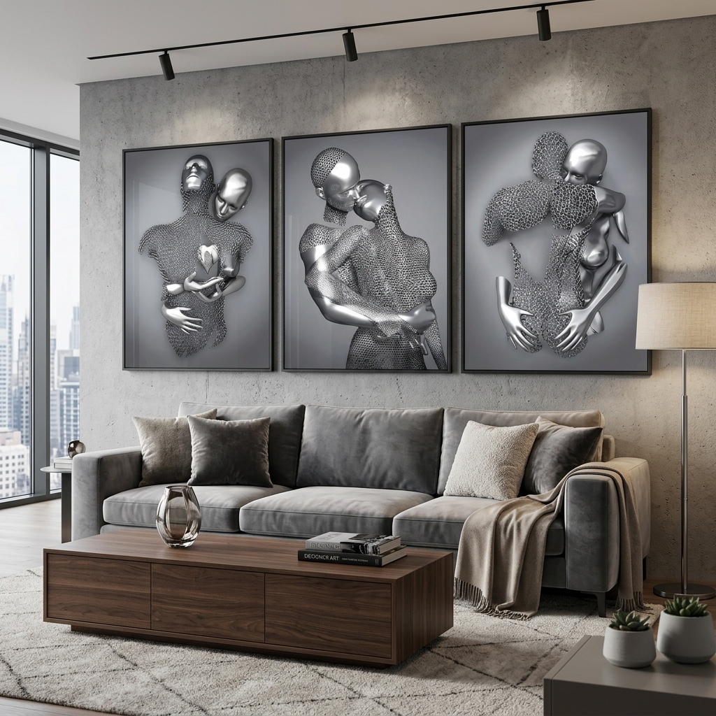 Modularer Kunstdruck auf Leinwand, Motiv: silberne Statuen, mehrere Teile, für das Schlafzimmer
