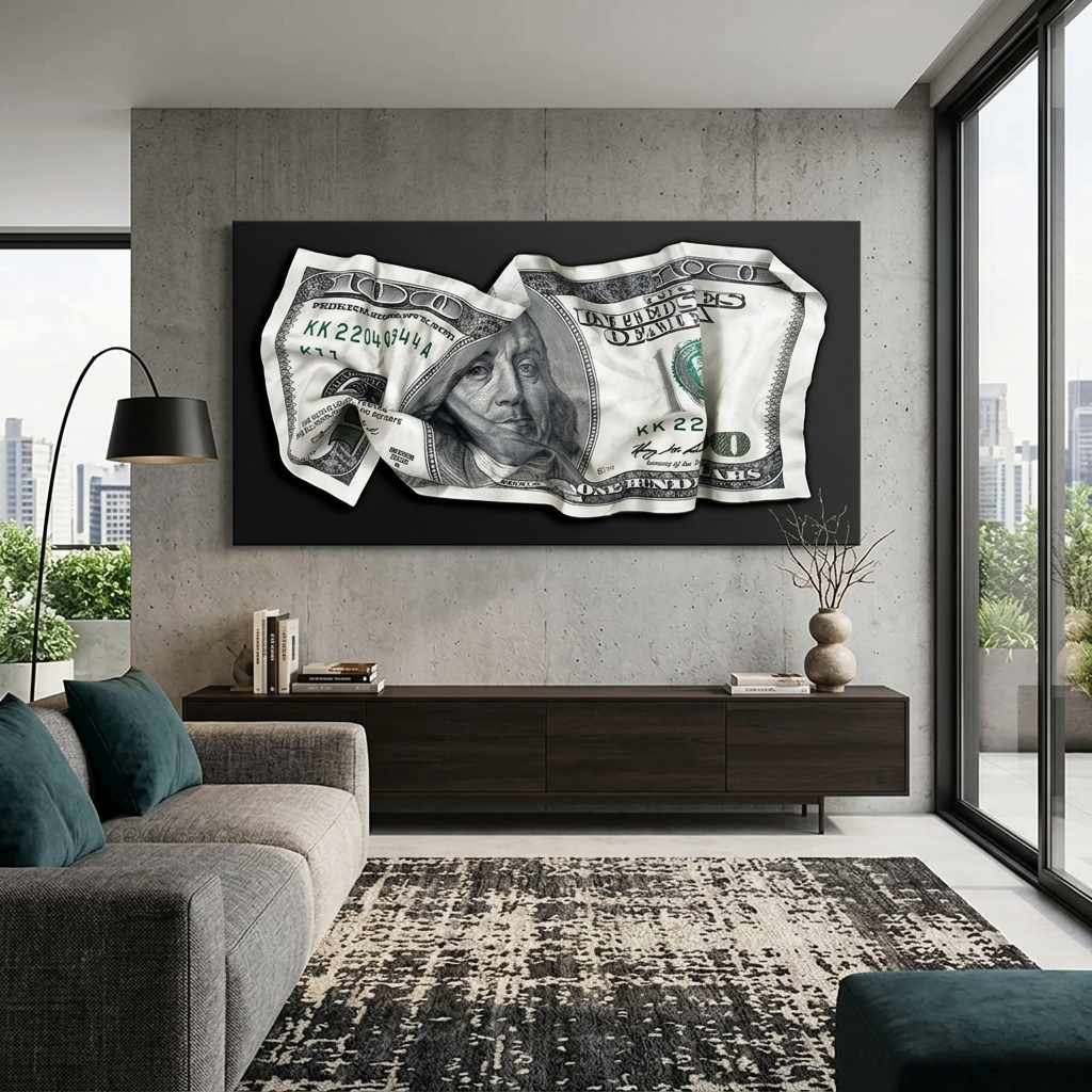 Ein zerknitterter 100-Dollar-Schein. Inspirierender Kunstdruck auf Leinwand.