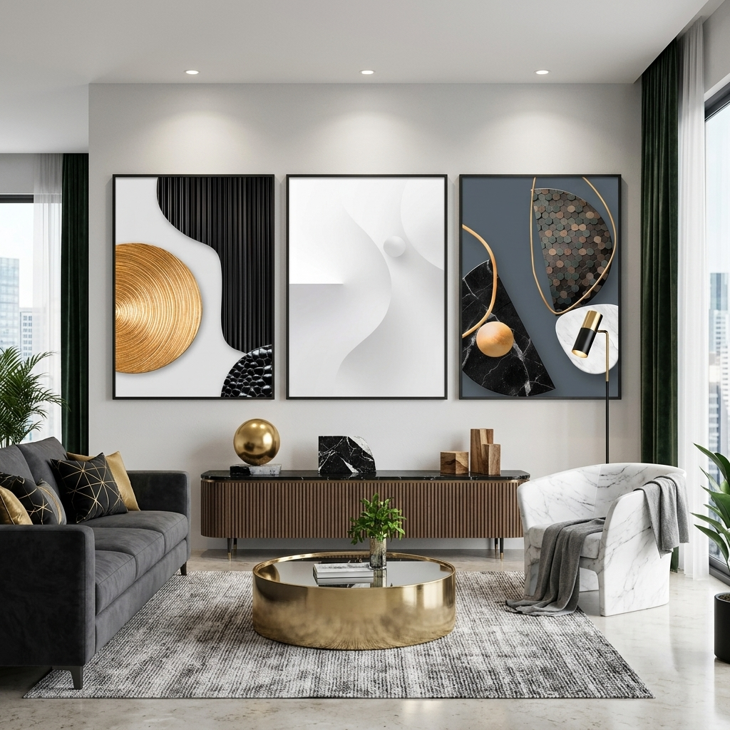 Modularer Kunstdruck auf Leinwand, graue Figuren mit Schwarz- und Goldtönen, mehrere Teile