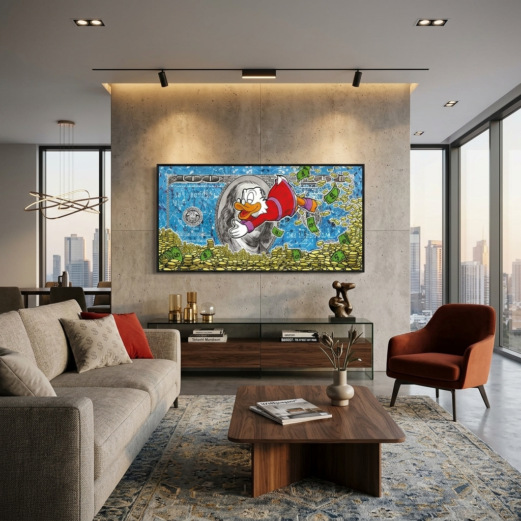 Dagobert taucht in die Münzen ein. Inspirierender Kunstdruck auf Leinwand.